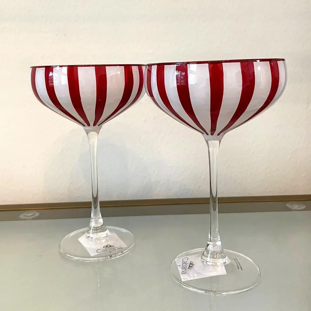 Cabana Red Striped Coupe Glasses 8oz Set of 2 NEW